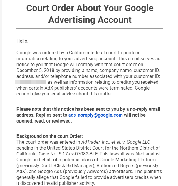 google lawsuit adtrader email