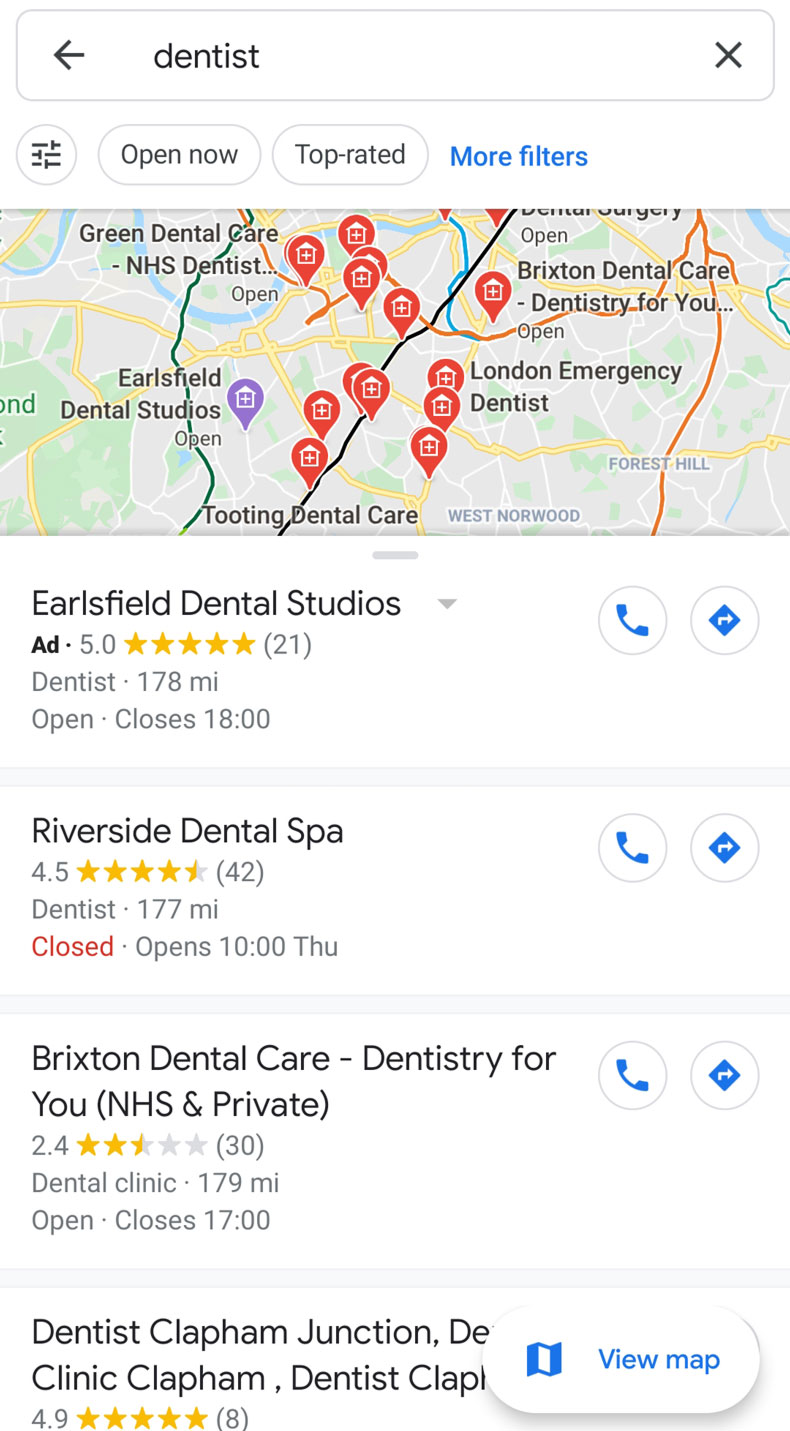 google maps search results