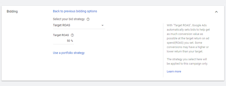 target ROAS bidding strategy